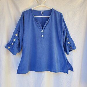 Lulu-B  Women's Lagenlook Cotton Blue Quiet Luxury Top Abalone Buttons Beachy